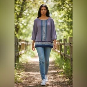 Talbots 2X blouse, pink with geometric print. Stylish, comfortable and chic.